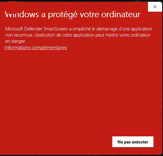Fen&ecirc;tre rouge &laquo;&nbsp;Windows a prot&eacute;g&eacute; votre ordinateur&nbsp;&raquo;, avec le lien Informations compl&eacute;mentaires